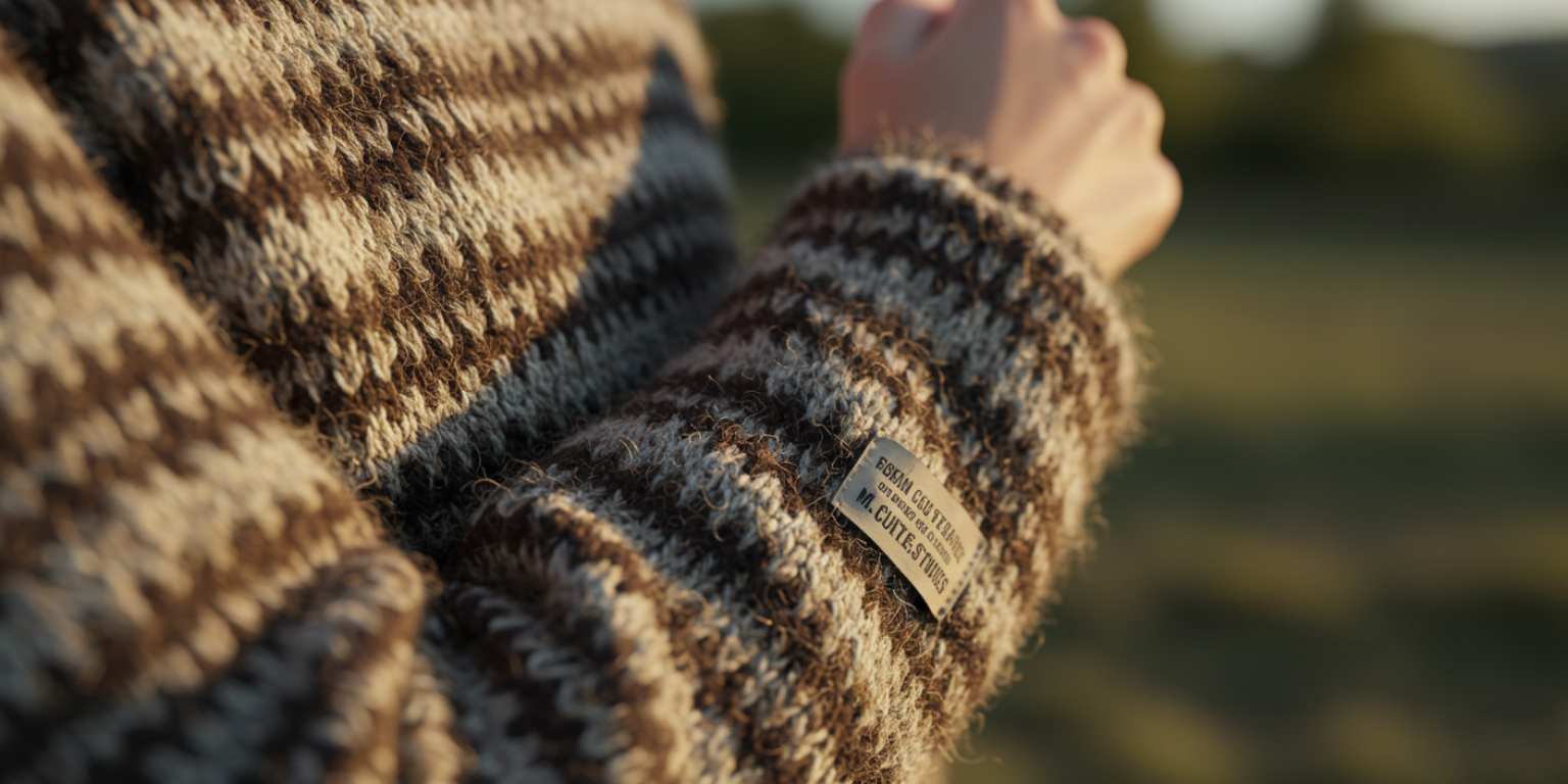 A knit sweater detail animating to a mid shot with a brand tag
