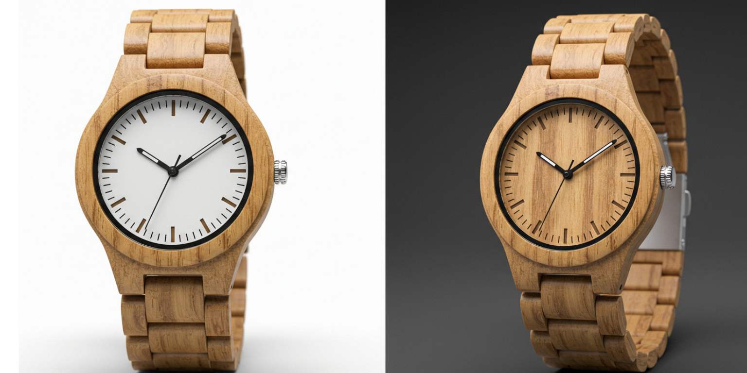 A still product photo on the left and a short animated version on the right with a slow push in