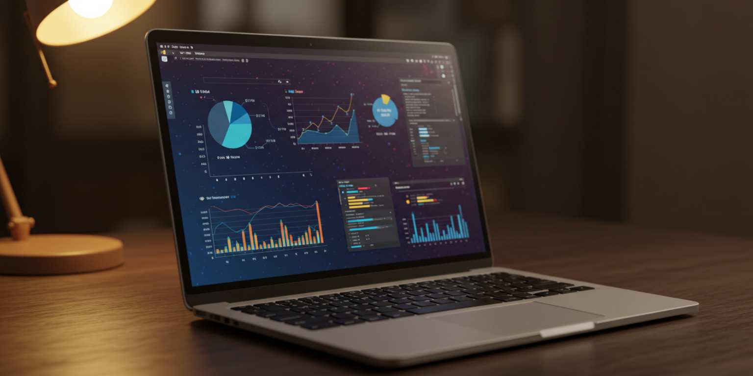 Animated laptop on a desk with a UI dashboard ending in focus