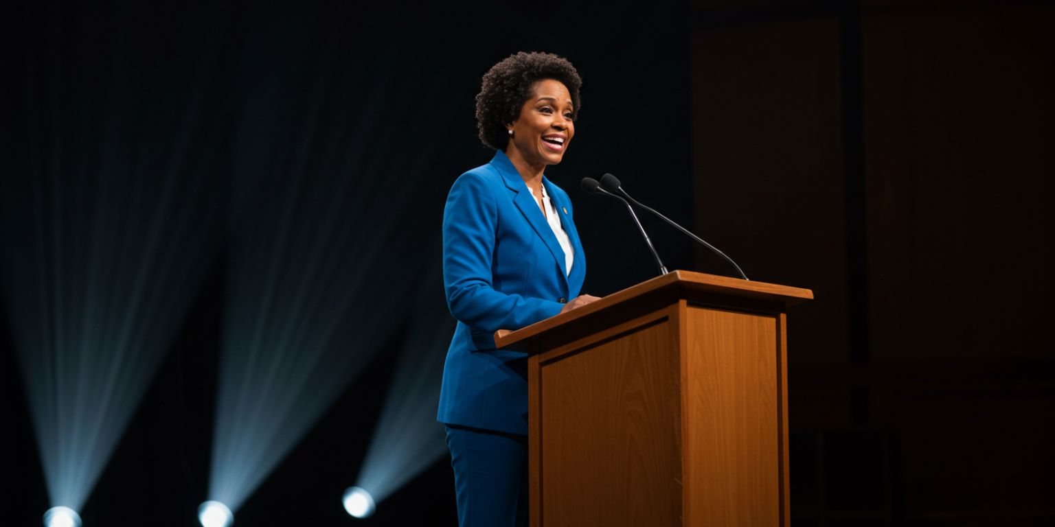 Animated push-in on a speaker at a lectern with clear stage light