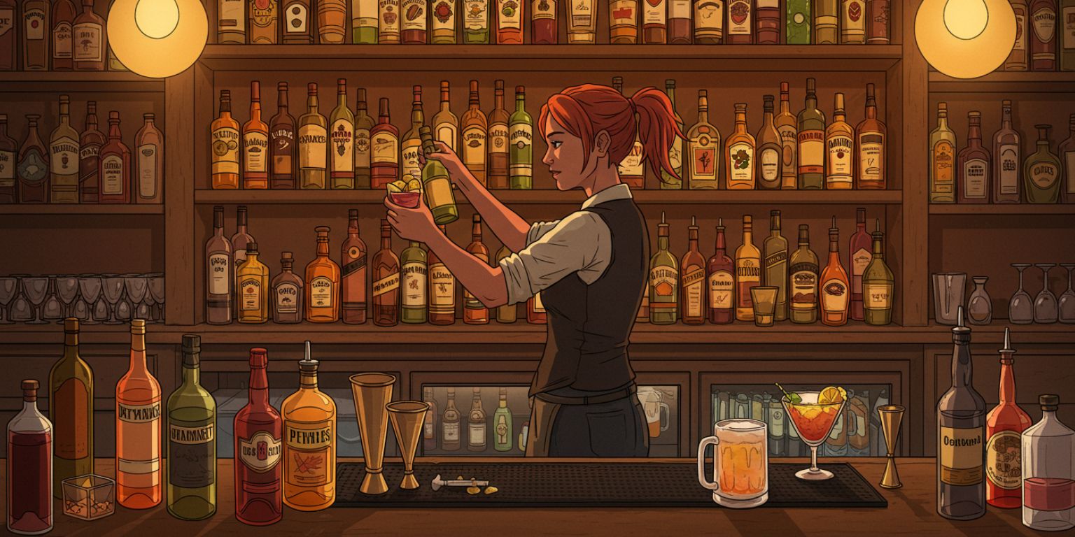 Bar back animation with a subtle pan across bottles and glassware