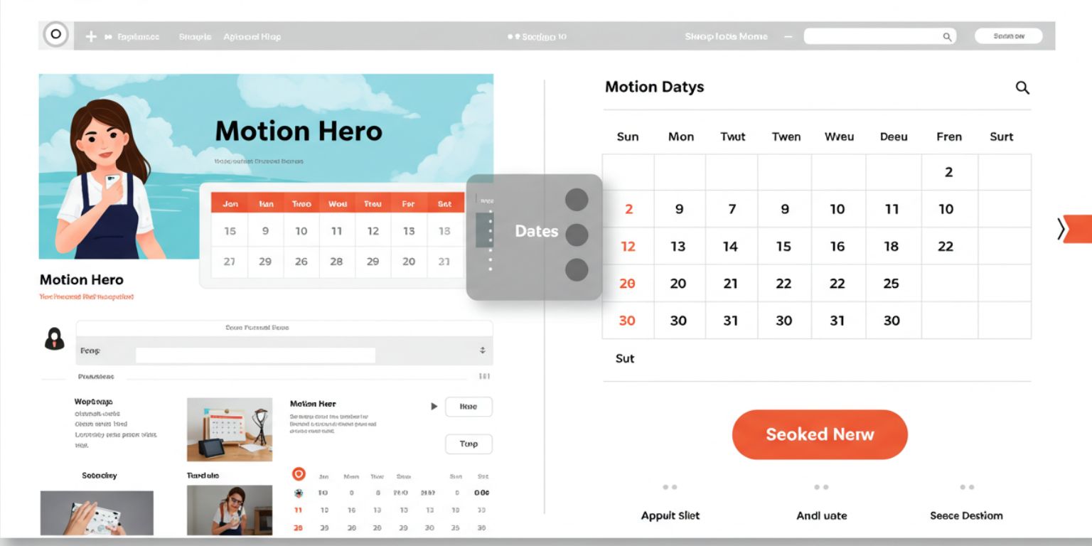 Booking page wireframe with a motion hero and clear dates and CTA.