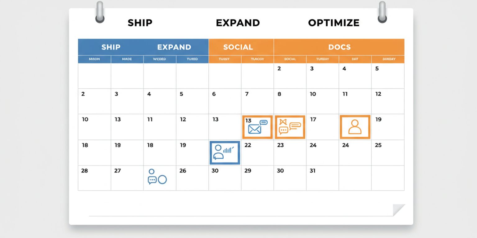 Calendar with week labels Ship, Expand, Optimize and icons for page, social, docs, and ads