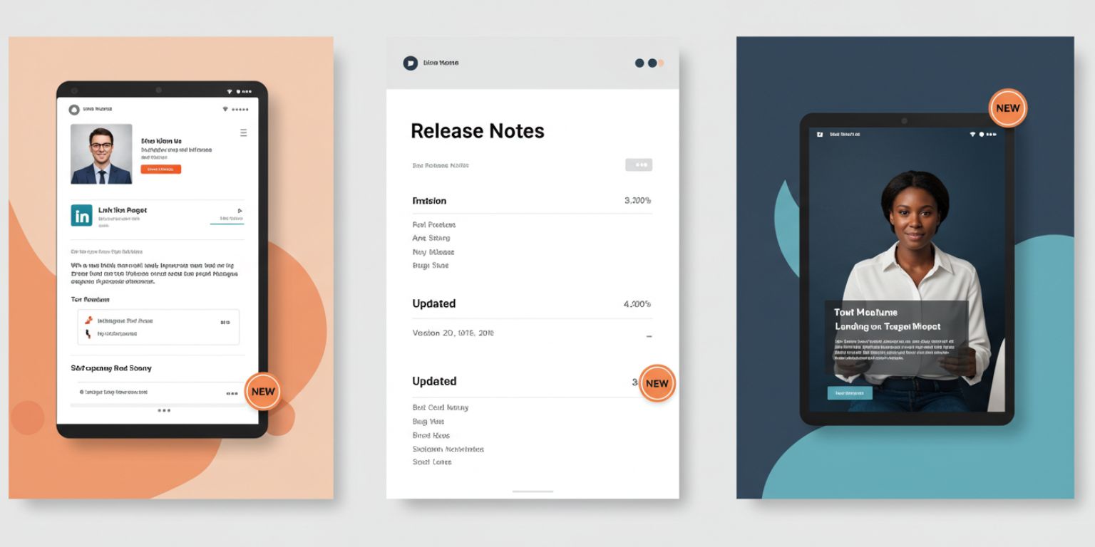 Collage of LinkedIn post, release notes page, and a feature landing page each with a small motion badge.