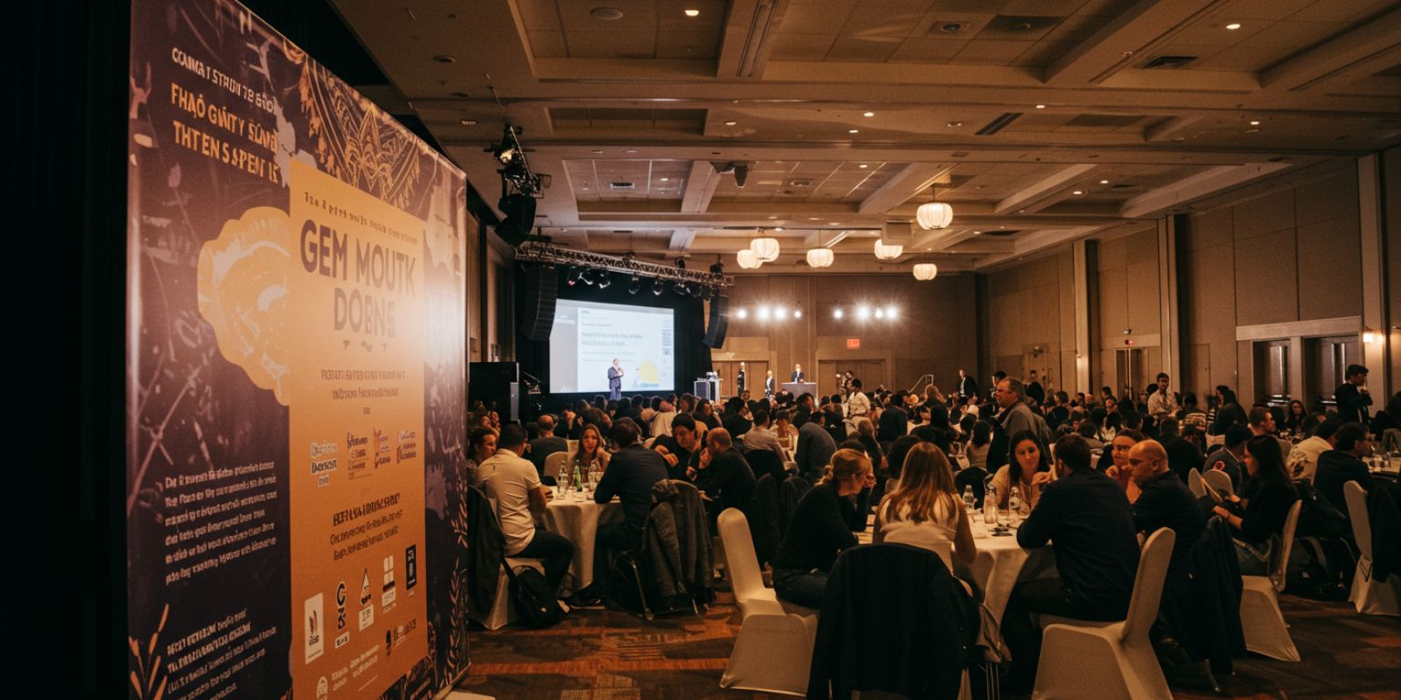 Event photo pulling back from banner to full room