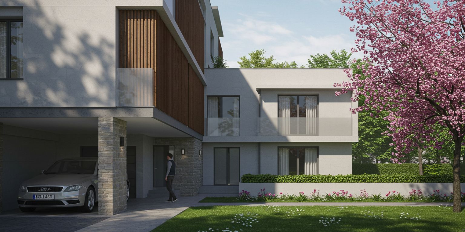 Exterior facade animation with a clean pull-back.