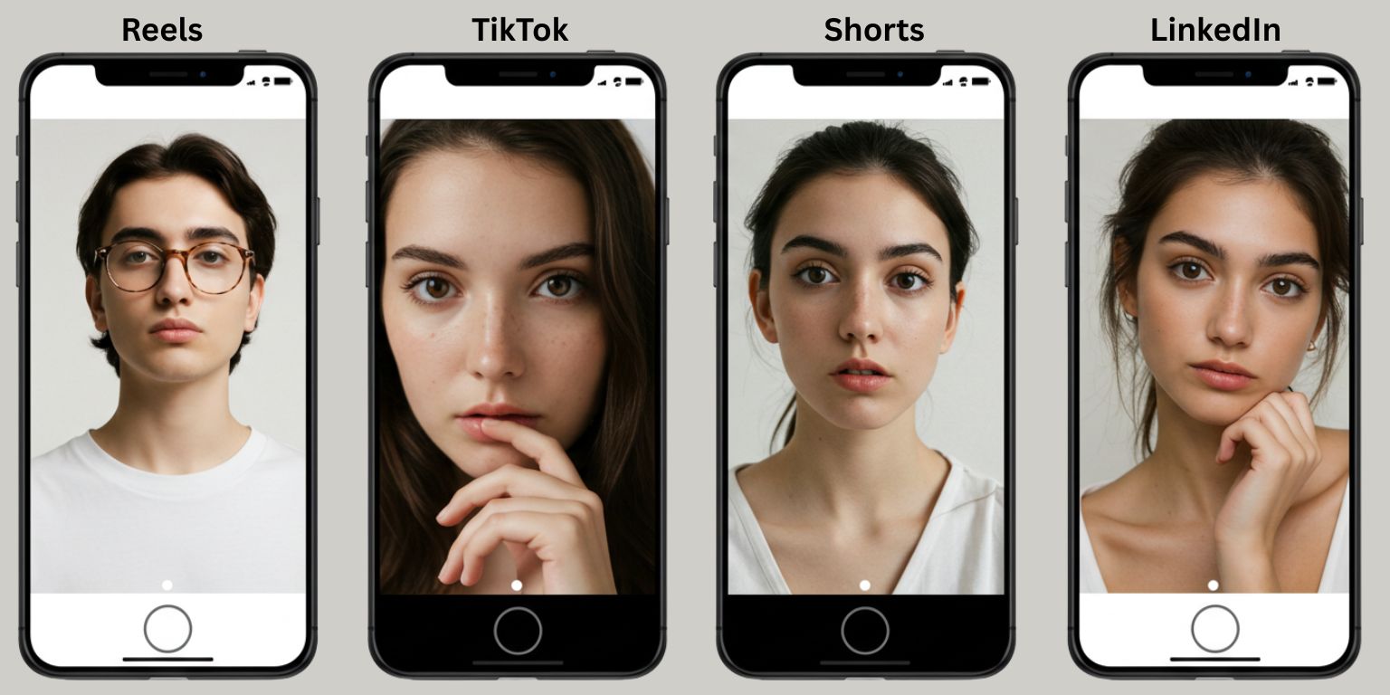 Four phone mockups showing the same portrait adapted for Reels, TikTok, Shorts, and LinkedIn