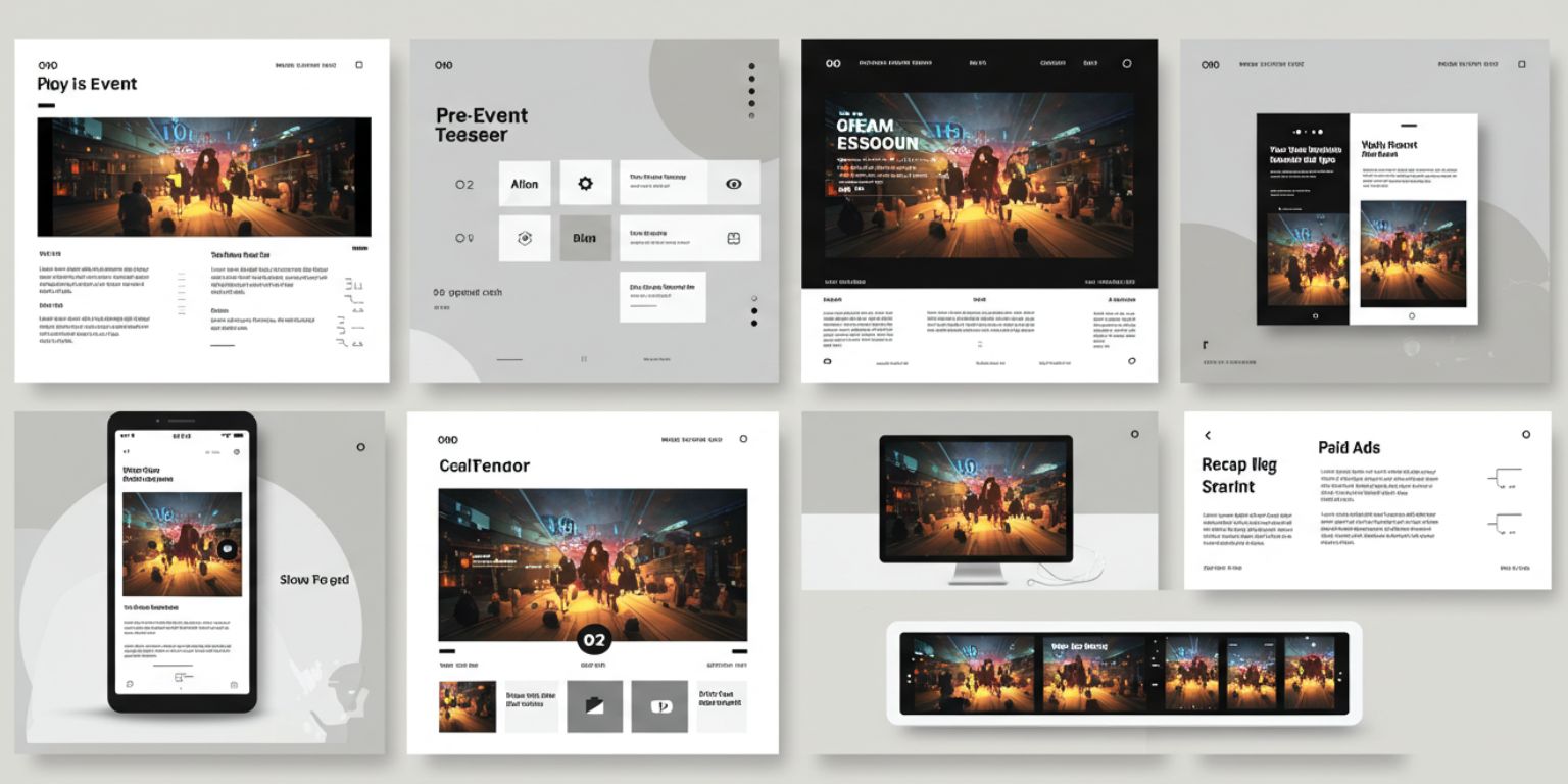 Grid mockup of pre-event teaser in-event social recap blog and paid ad placements with small motion badges