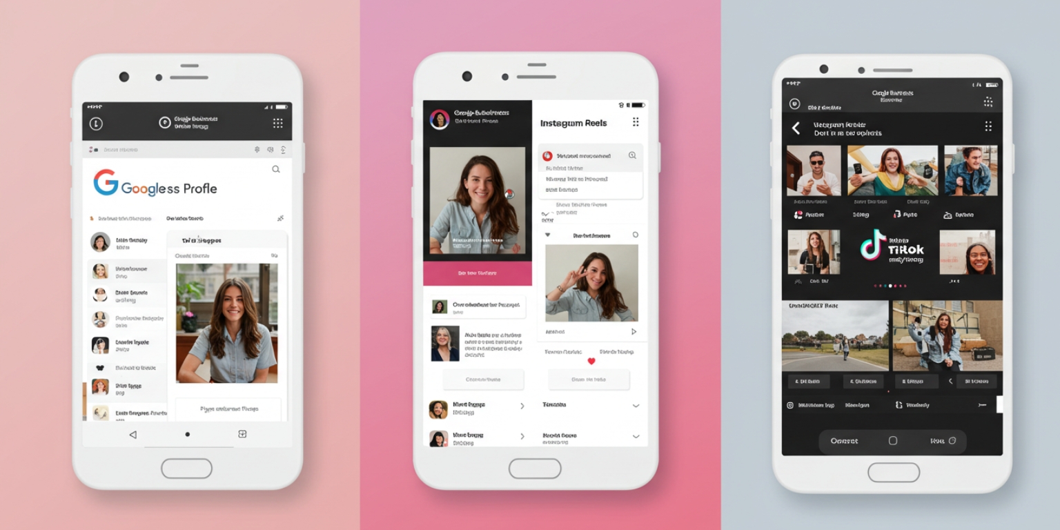 Grid-mockup-showing-Google-Business-Profile-Reels-TikTok, website, email, and in-store screens