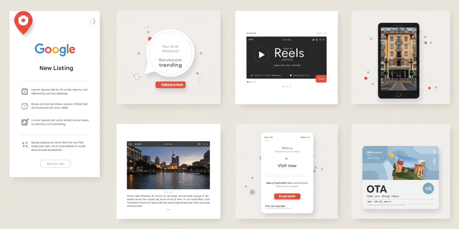 Grid of Google listing, Reels, website hero, and OTA card each with a small motion badge