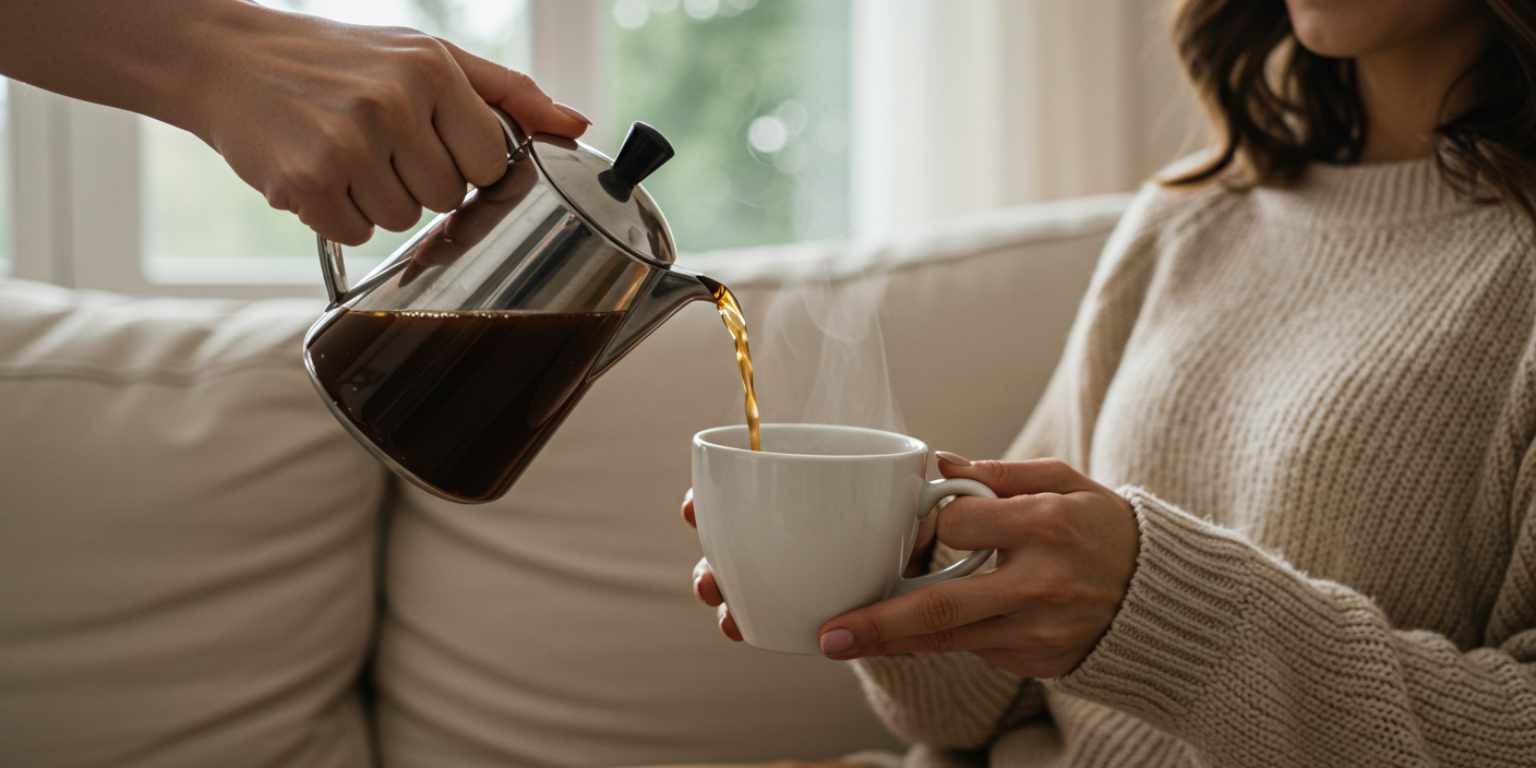 Hands pouring coffee, pulling back to reveal the subject on a sofa