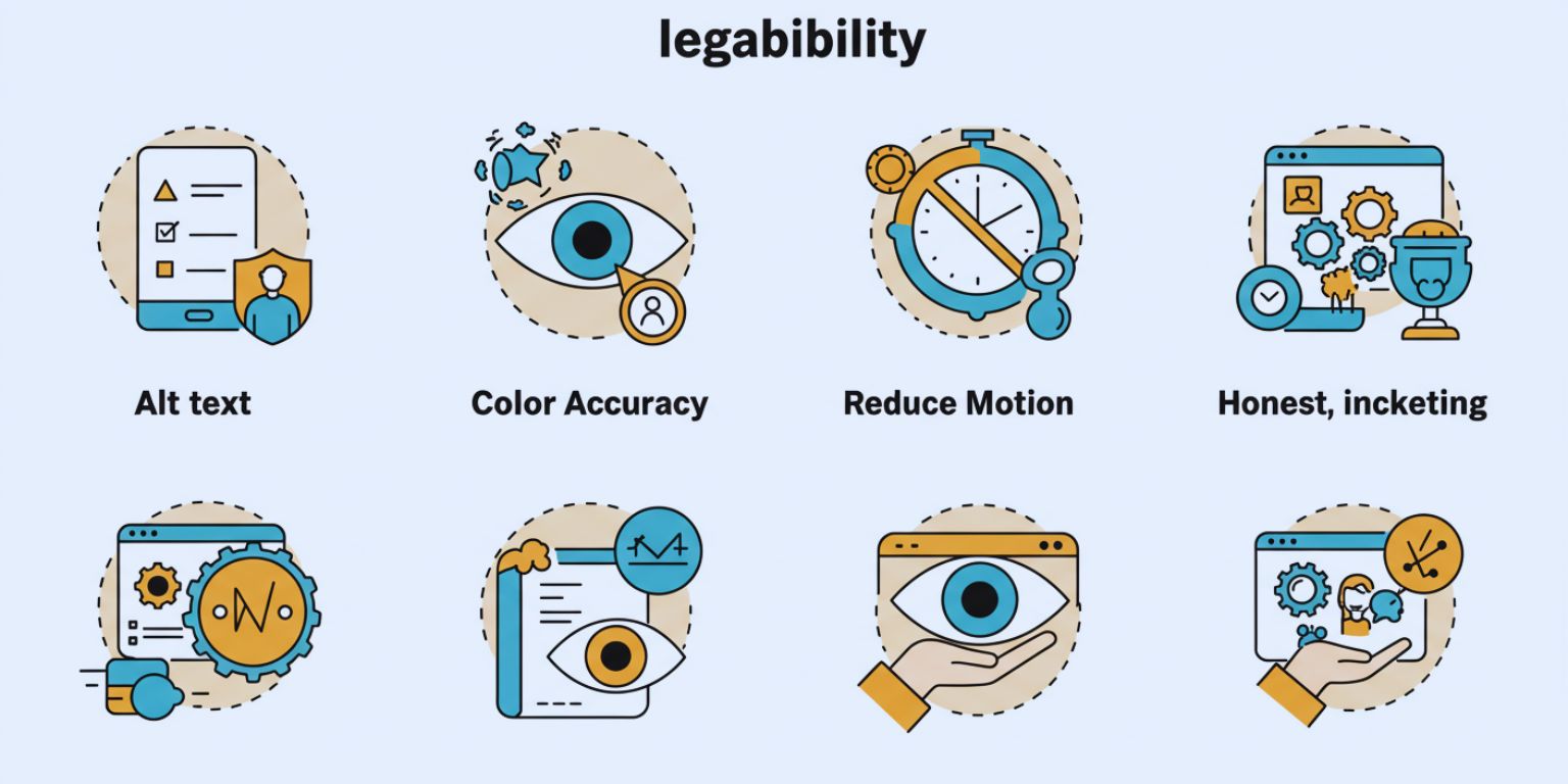 Icon row for legibility, alt text, color accuracy, reduce motion, and honesty in marketing.