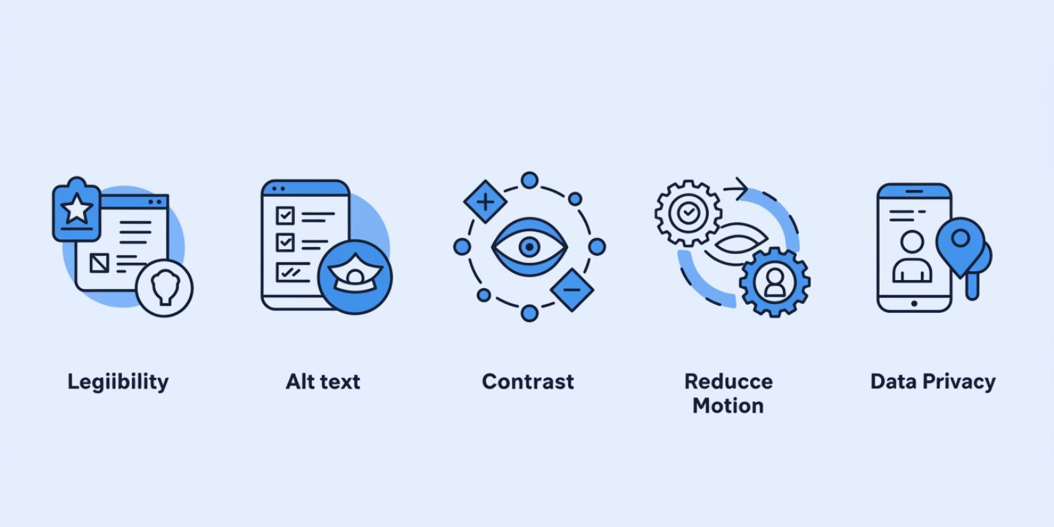 Icon row for legibility, alt text, contrast, reduce motion, and data privacy