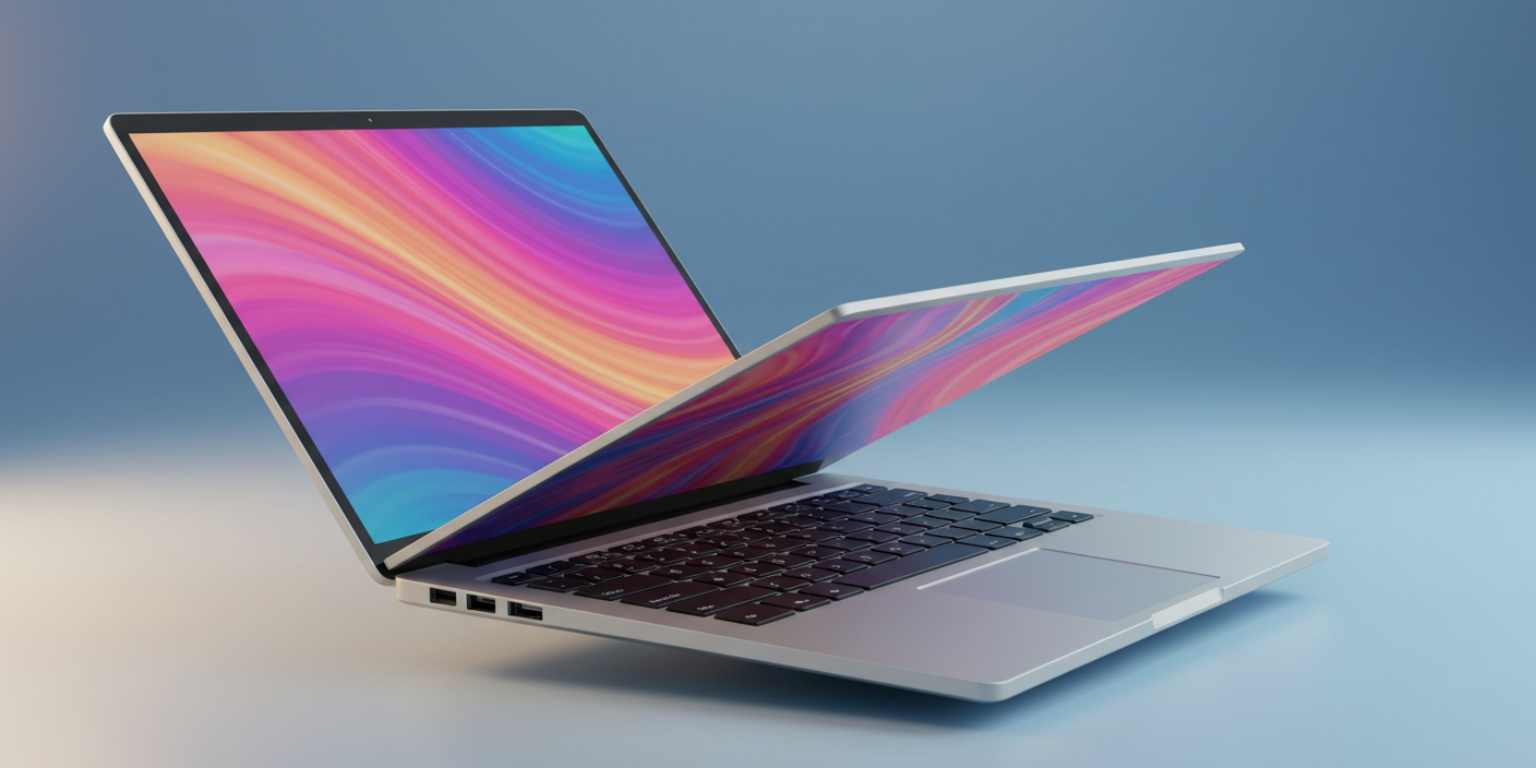 Laptop animation tilting up to reveal the screen and keyboard