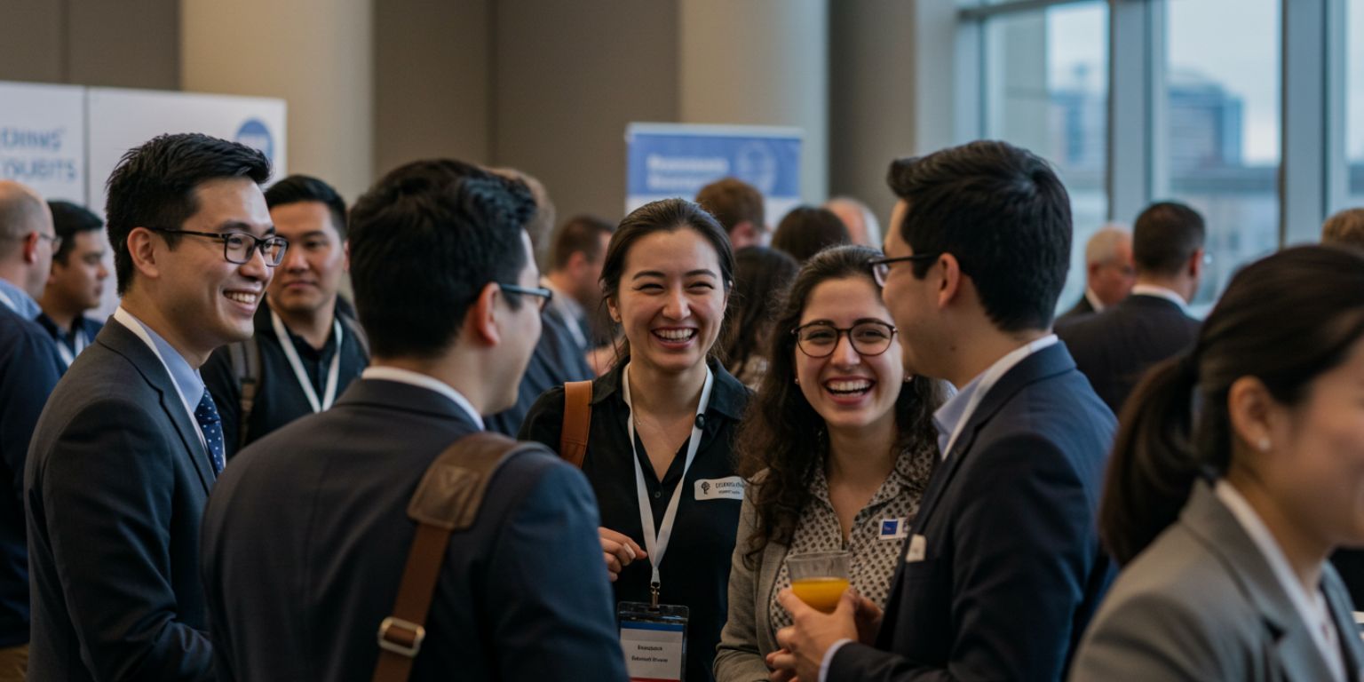 Networking photo with a subtle push-in that lands on smiling attendees