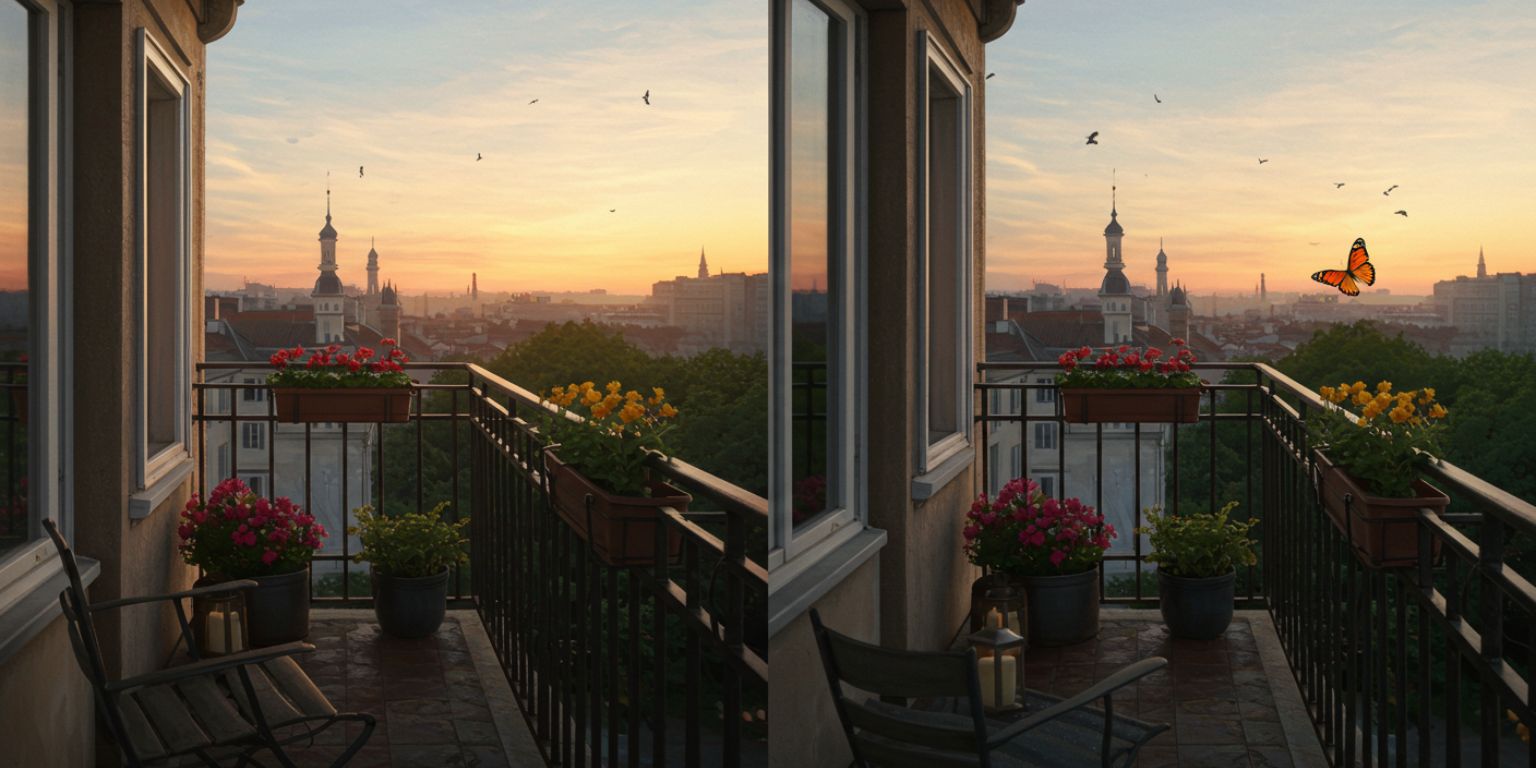 Room animation that tilts from linens to the balcony view