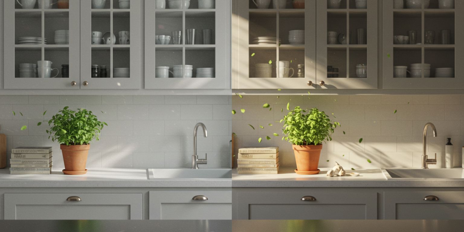 Side-by-side of a kitchen photo and a subtle animated version with a slow pan across the counters