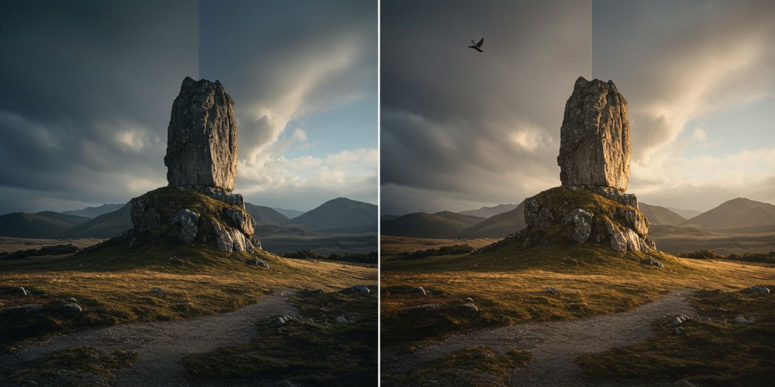 Split screen showing a keynote photo on the left and a subtle animated push-in on the right