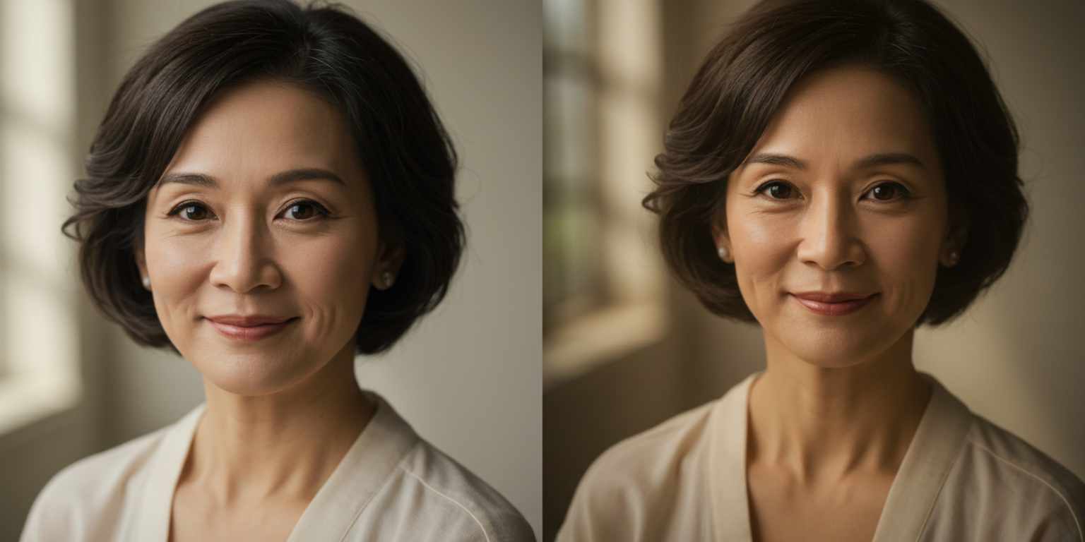 Split screen with a still portrait on the left and the animated push-in on the right