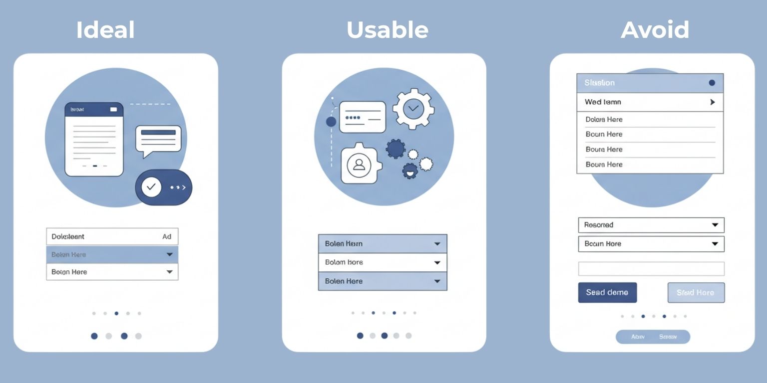Three UI screenshots labeled ideal, usable, and avoid, noting legible labels and clean whitespace