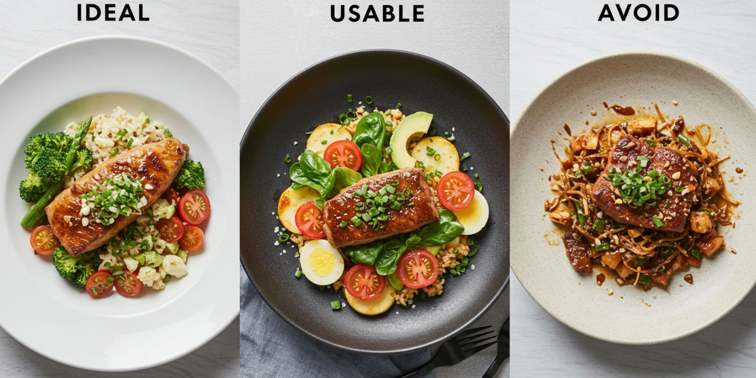 Three dish photos labeled ideal usable and avoid highlighting subject separation and clean edges