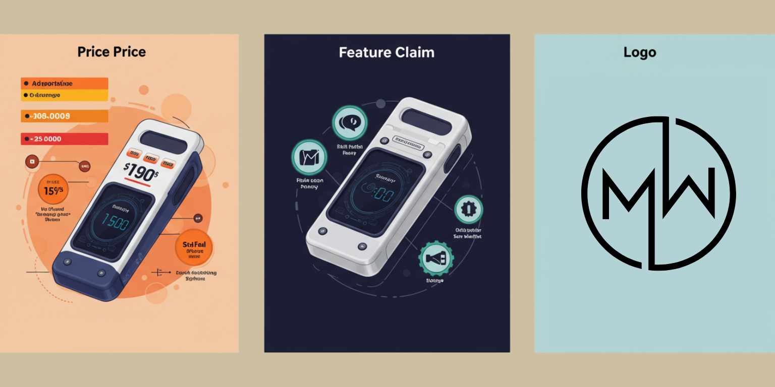 Three end-frame examples price feature claim logo