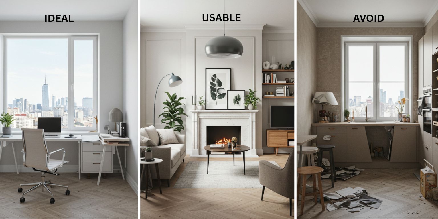 Three interior photos labeled ideal usable and avoid highlighting straight verticals and clear focal points