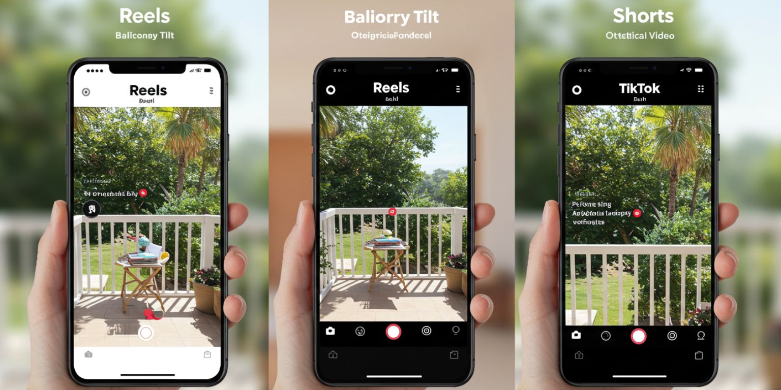 Three phone mockups showing the same balcony tilt adapted for Reels, TikTok, and Shorts