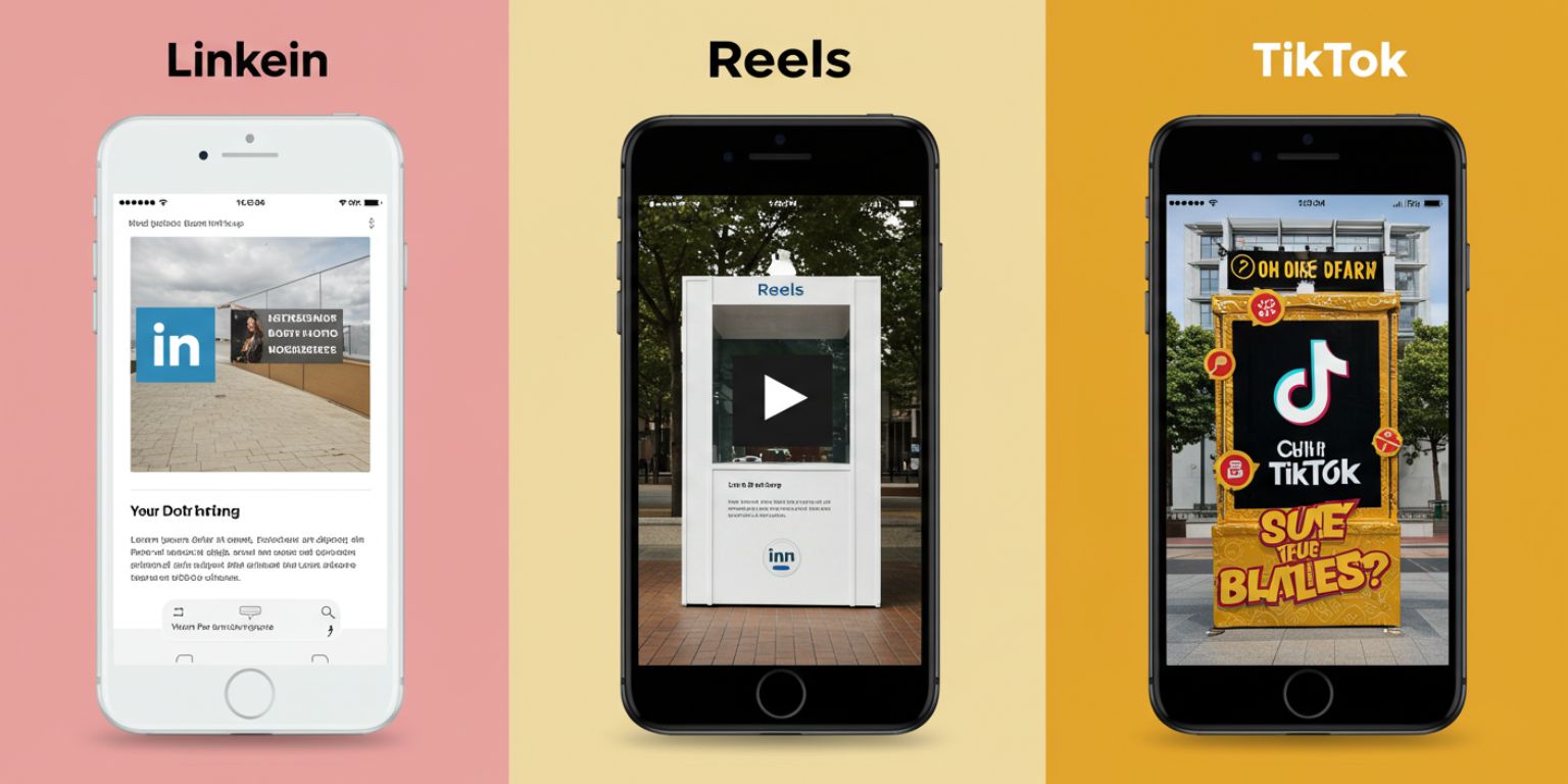 Three phone mockups showing the same booth photo adapted for LinkedIn, Reels, and TikTok