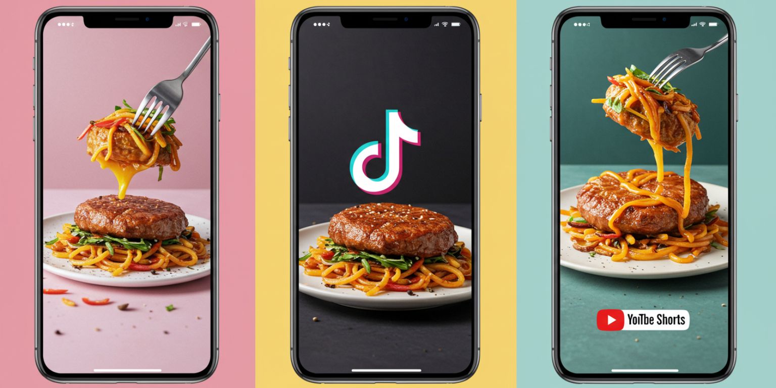 Three phone mockups with the same dish adapted to Reels, TikTok, and Shorts