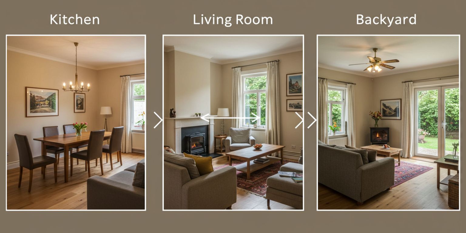 Three thumbnails labeled Kitchen Living Backyard with simple arrows showing sequence