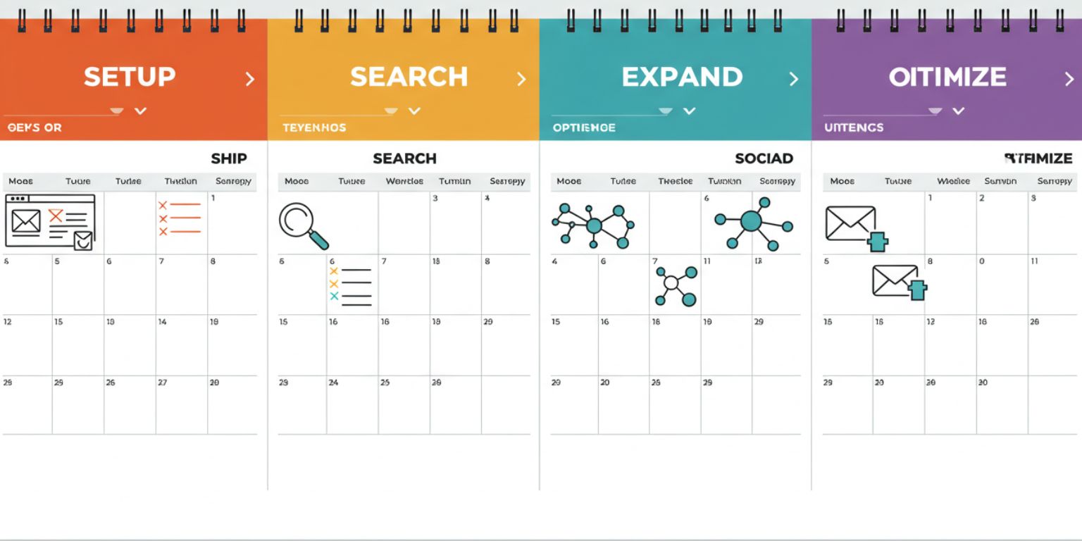 Three week calendar labeled Setup, Ship, Expand, Optimize with icons for site, search, social, and email.