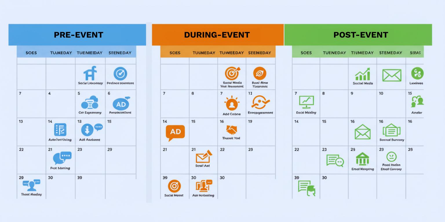 Three-week calendar showing pre, during, and post with icons for social, ads, and email