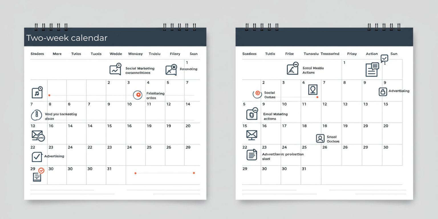 Two-week calendar with icons for page, social, email, and ads