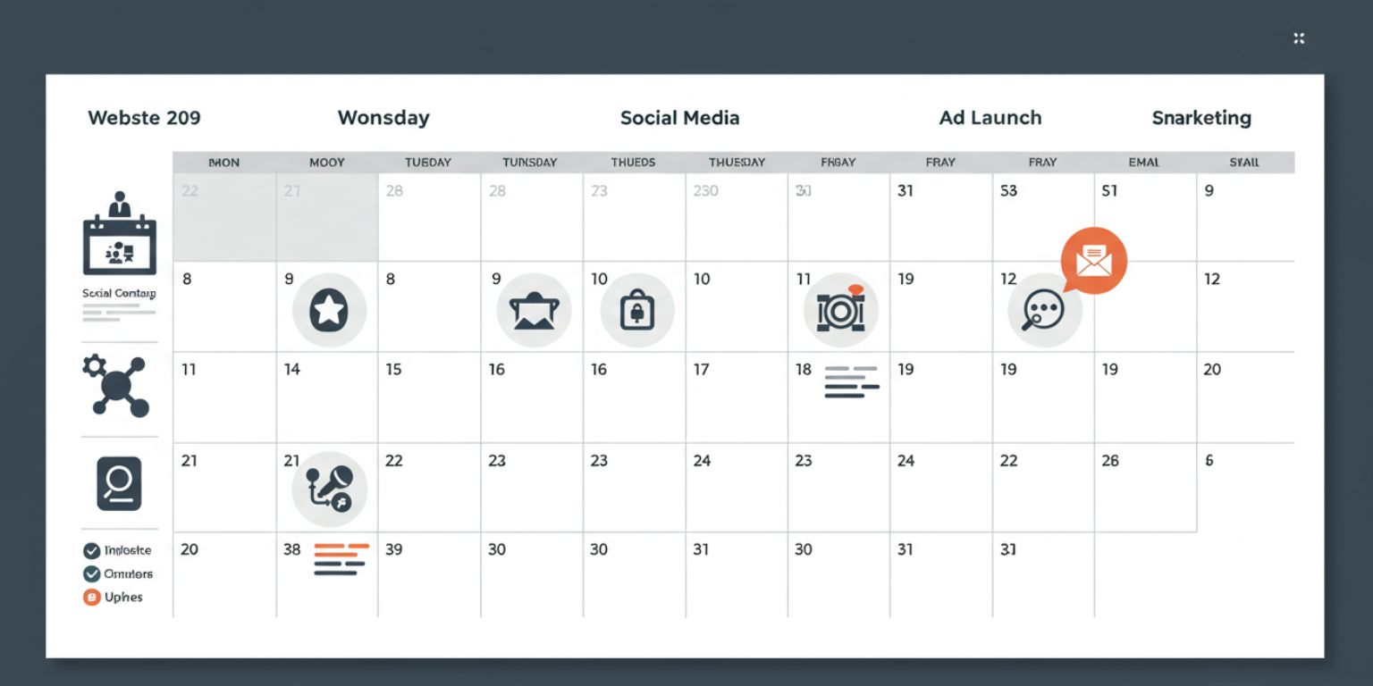 Two-week calendar with icons for website social ads and email