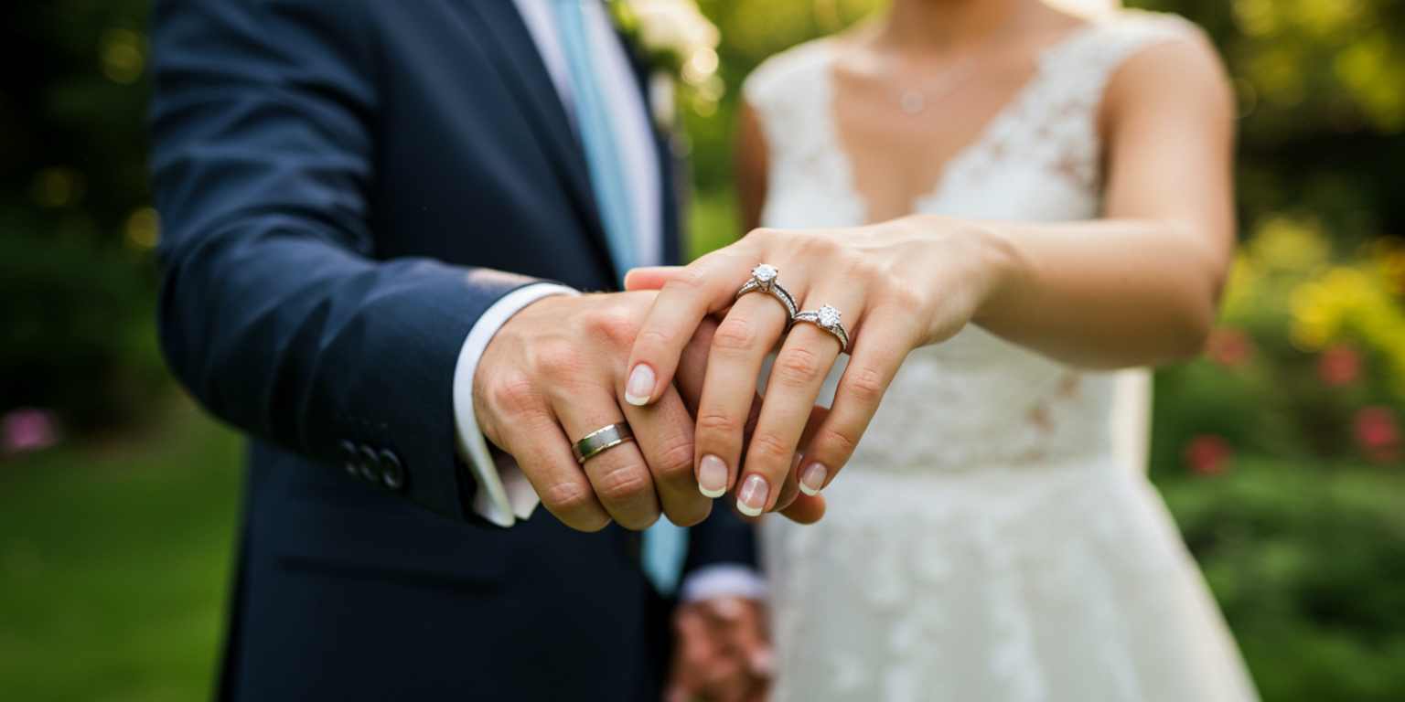 Wedding ring close up pulling back to the couple